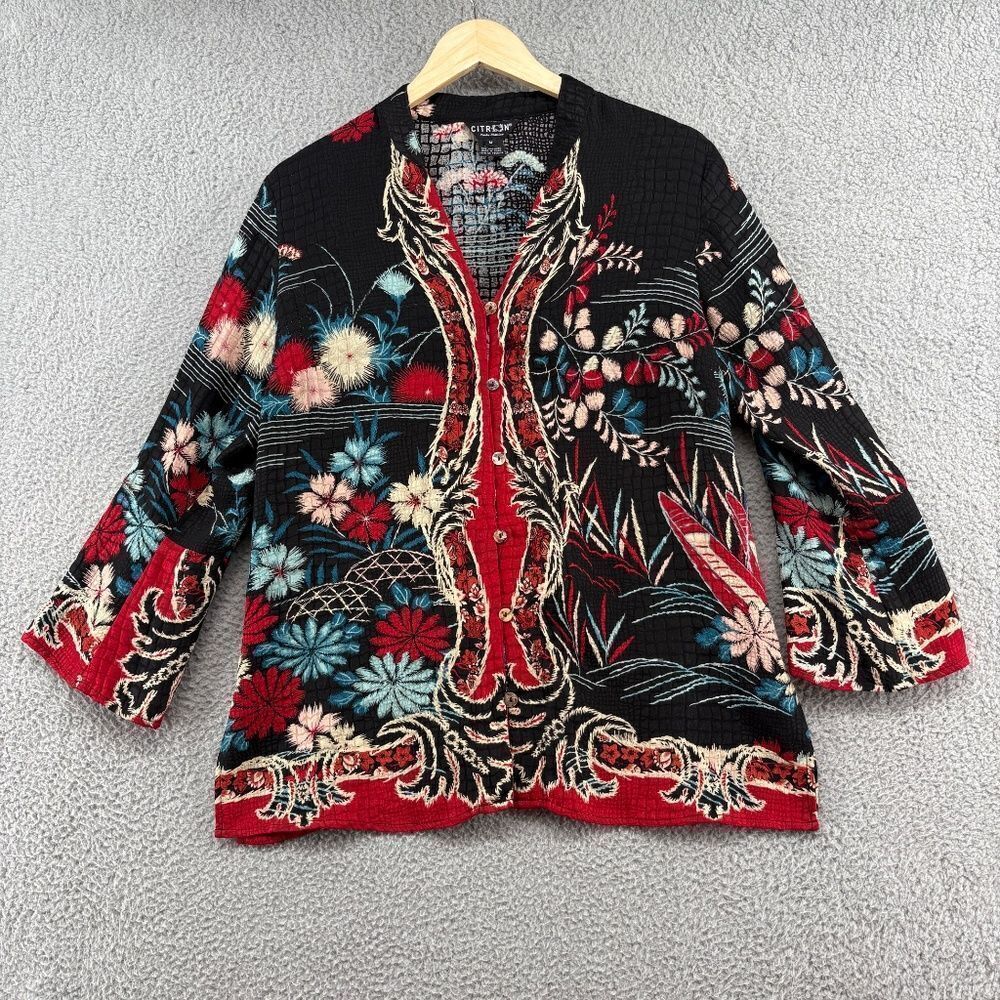 Citron Santa Monica Silk Blouse Medium – Floral Asian Inspired Button Front Top